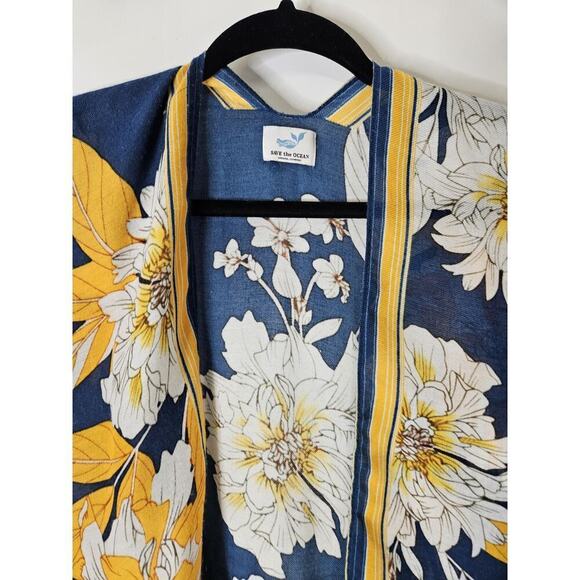 Save The Ocean Women’s Woven Kimono Floral Stripe Print Blue Swim Cover Up - Picture 4 of 6